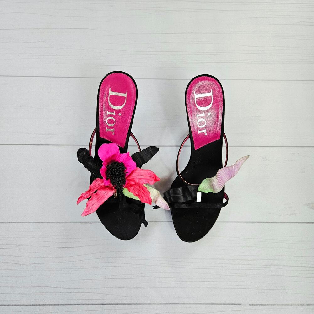 Y2k Dior Heels Hawaii Glamour Mules Black Satin Flower Detail Rare - Size 37 EU - Picture 2 of 16